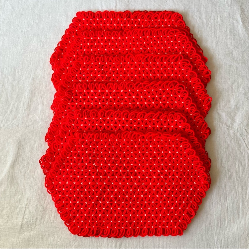 Vintage Crochet Neon Orange Red Placemats Set of 6